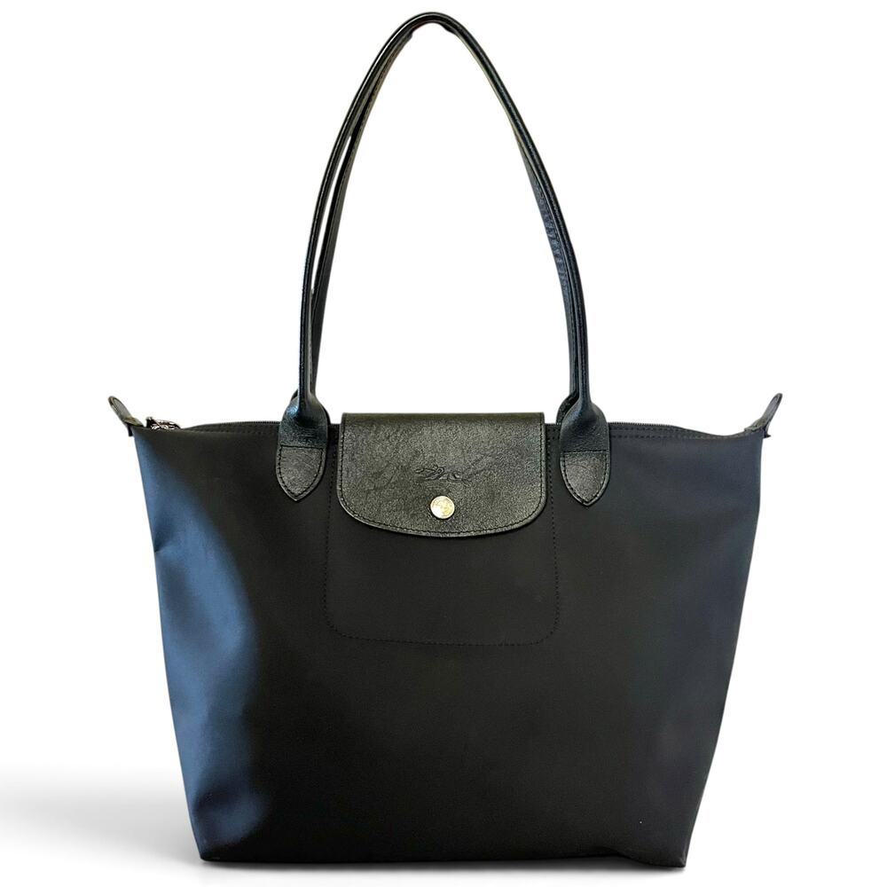 Longchamp Planetes Black Leather Nylon Canvas Medium Tote Bag Pliage Handbag